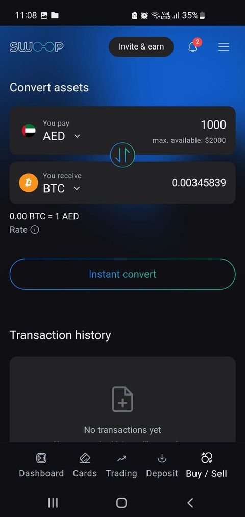 Swoop app convert assets screen swapping AED to BTC with a live rate