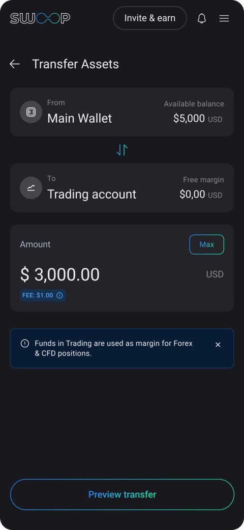 Swoop app transfer assets screen moving funds from main wallet to trading account