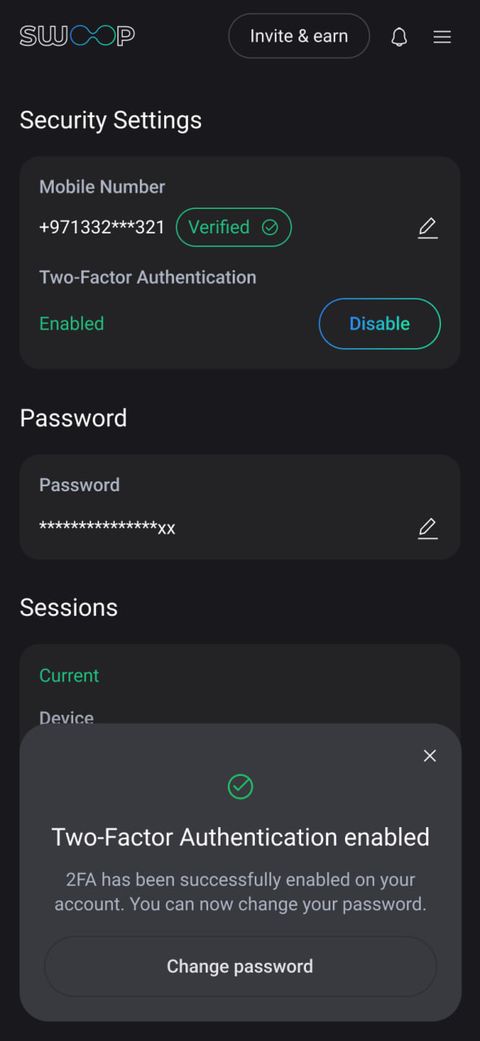 Swoop app security settings screen showing verified mobile number and two-factor authentication enabled