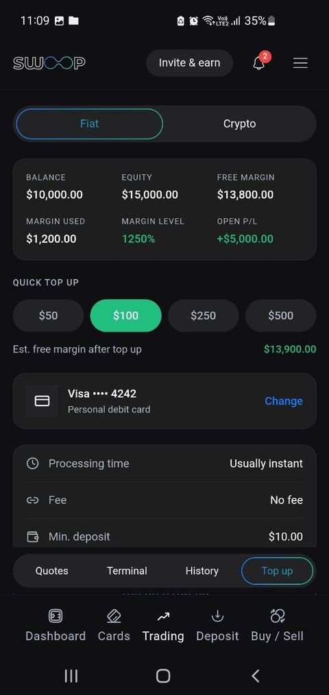 Swoop app top up screen showing a fiat deposit with quick amounts and a linked debit card
