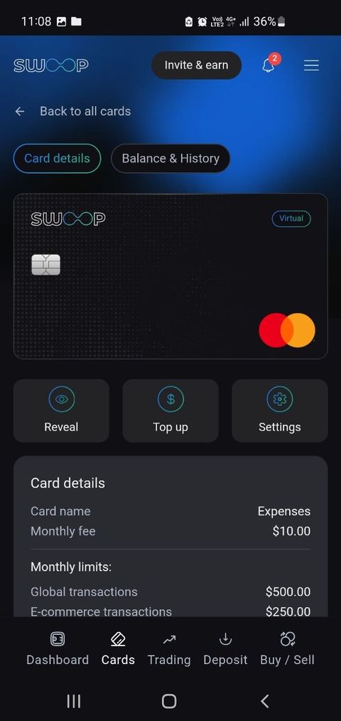 Swoop app card details screen showing a virtual Mastercard with reveal, top up and settings